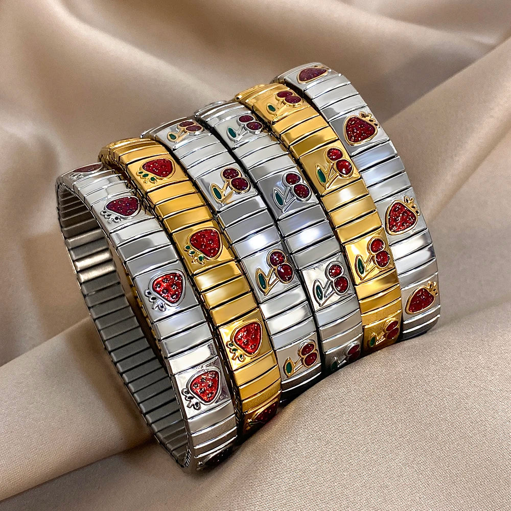 316L Stainless Steel Gold Color Strawberry Cherry Elastic Bangle Bracelet For Women Men Statement New Trend Wrist Jewelry Gift