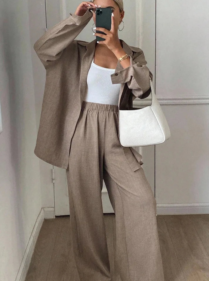 2026 New Women Linen Two Piece Outfit Set Lapel Long Sleeve Button Shirts Elastic Waist Wide Leg Pants Casual Loose Home Suit