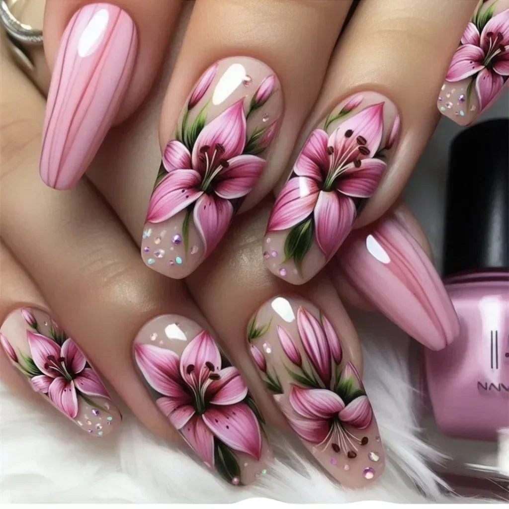 24Pcs Ladder-shaped Ballet False Nails with Glue Stripe Floral Nail Art Ombre French Press on Acrylic Nail Tips for Spice Girls