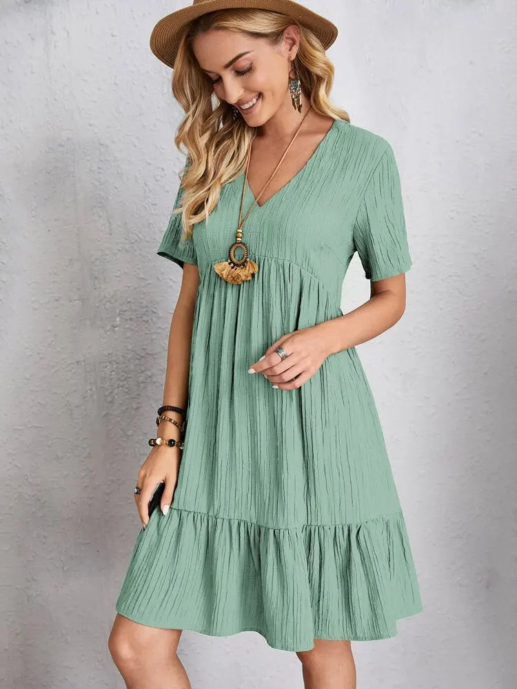 Women Elegant V Neck Ruffles Mini Dress Summer Vintage Solid Loose Sundress Bohemian Casual Solid Beach Party Vestidos