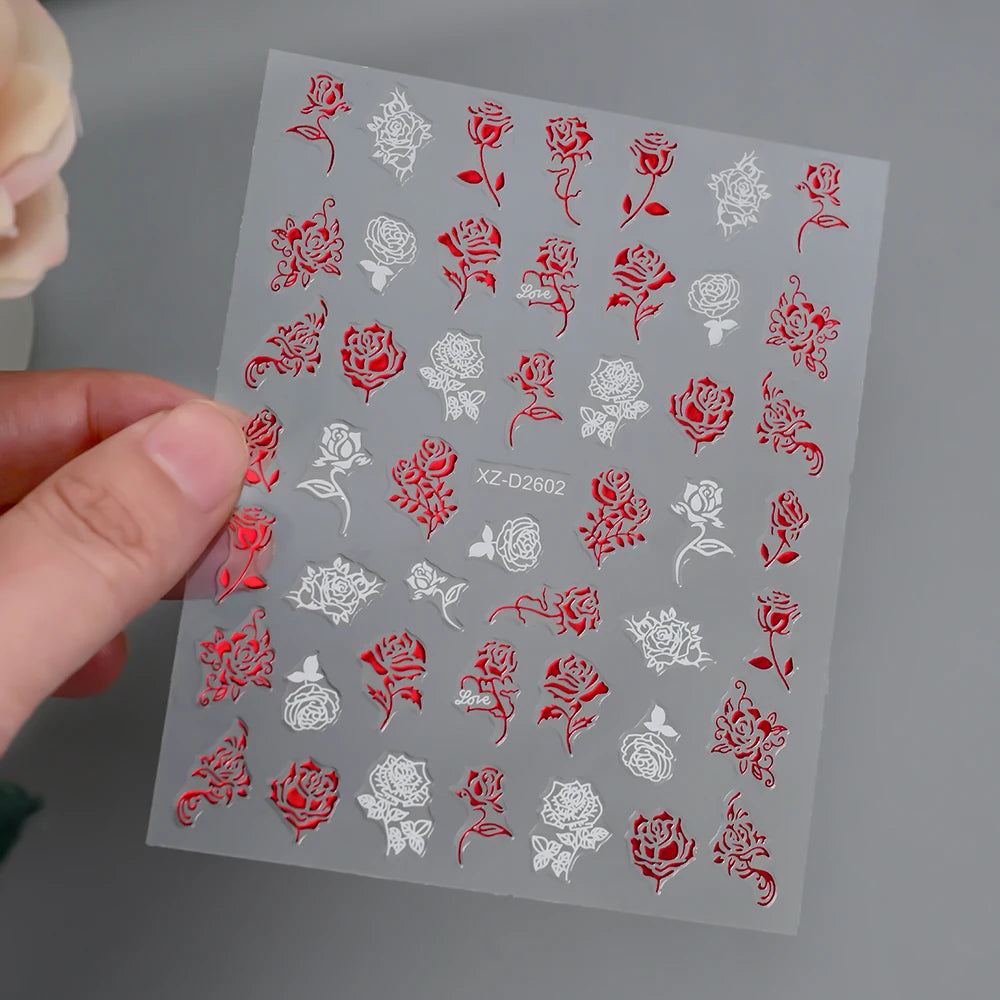 1Pc 3D Red Love Heart Nail Art Stickers Rose Flower Lip Self Adhesive Decals Valentine' Day Nail Sliders For Manicure Decoration