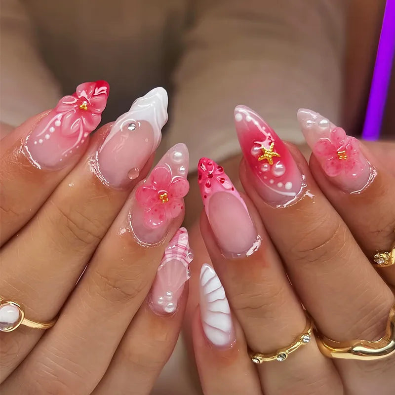 24Pcs Mid-length 3D Flowers Design Fingertips Sweet Butterfly Yellow Ripple Almond False Nails Detachable Full Cover Press Ons