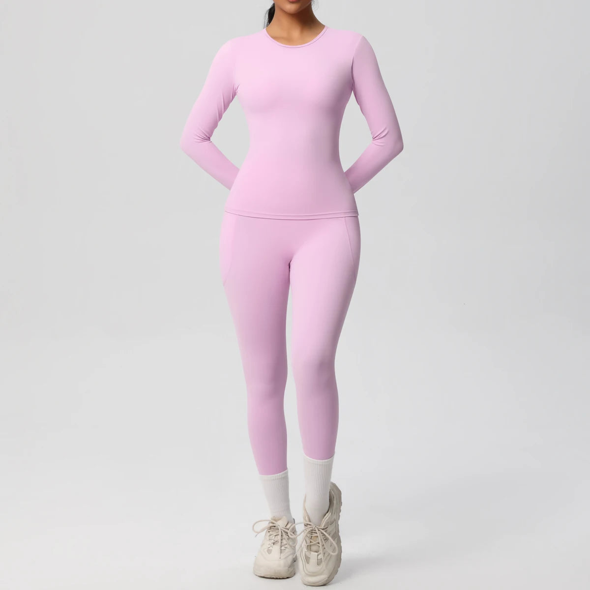 Summer 2PCS Women's Yoga Suit Solid Color High Stretch Slim Casual Long Sleeves Quick Drying Push Up Women Pockets Pants Set