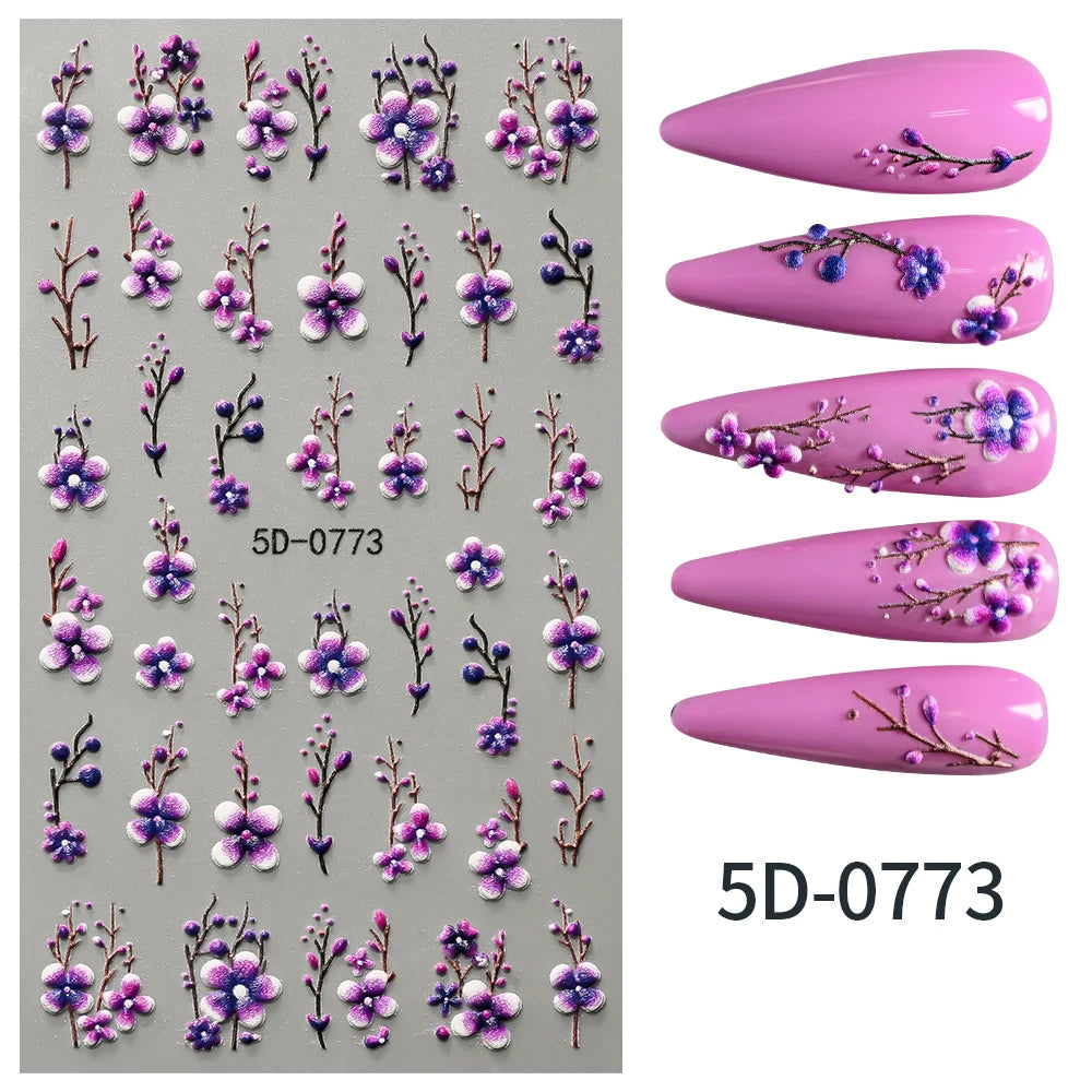 1Pc 5D Embossed Lavender Flower Nail Sticker Spring Floral Leaves Self-Adhesive Sliders Rose Heart Decals Manicure Decoration
