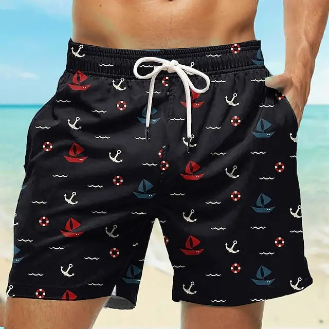 Men's Beach Shorts Swim Trunks Drawstring Elastic Quick-Drying Shorts Beach Hawaiian Casual Black and White Micro-Elastic Shorts