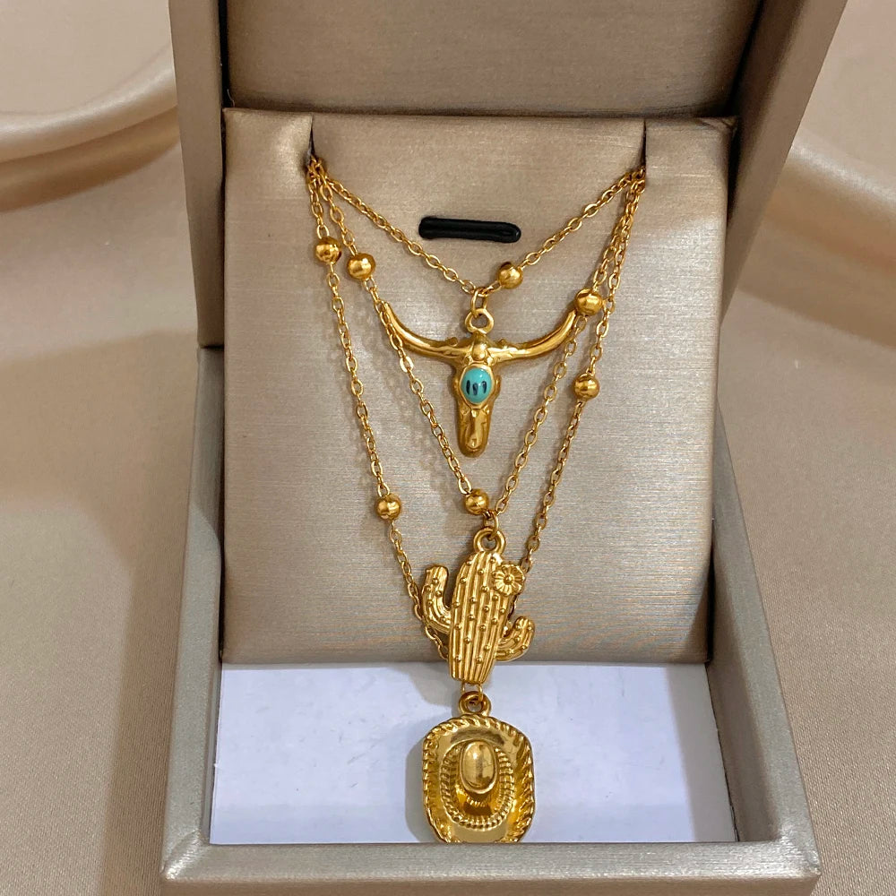 2026 New Style Stainless Steel Cattle Head Cactus Cowboy Hat Pendant Statement Gold Color Multi layer Chain Fashion Jewelry