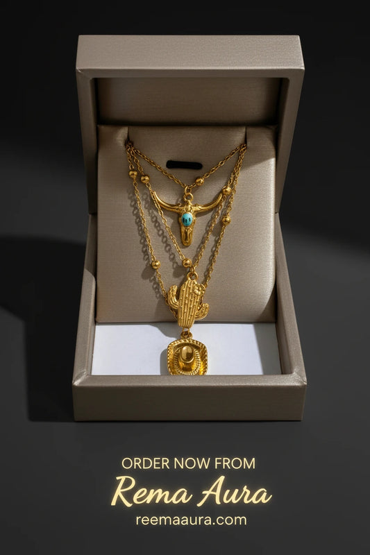2026 New Style Stainless Steel Cattle Head Cactus Cowboy Hat Pendant Statement Gold Color Multi layer Chain Fashion Jewelry
