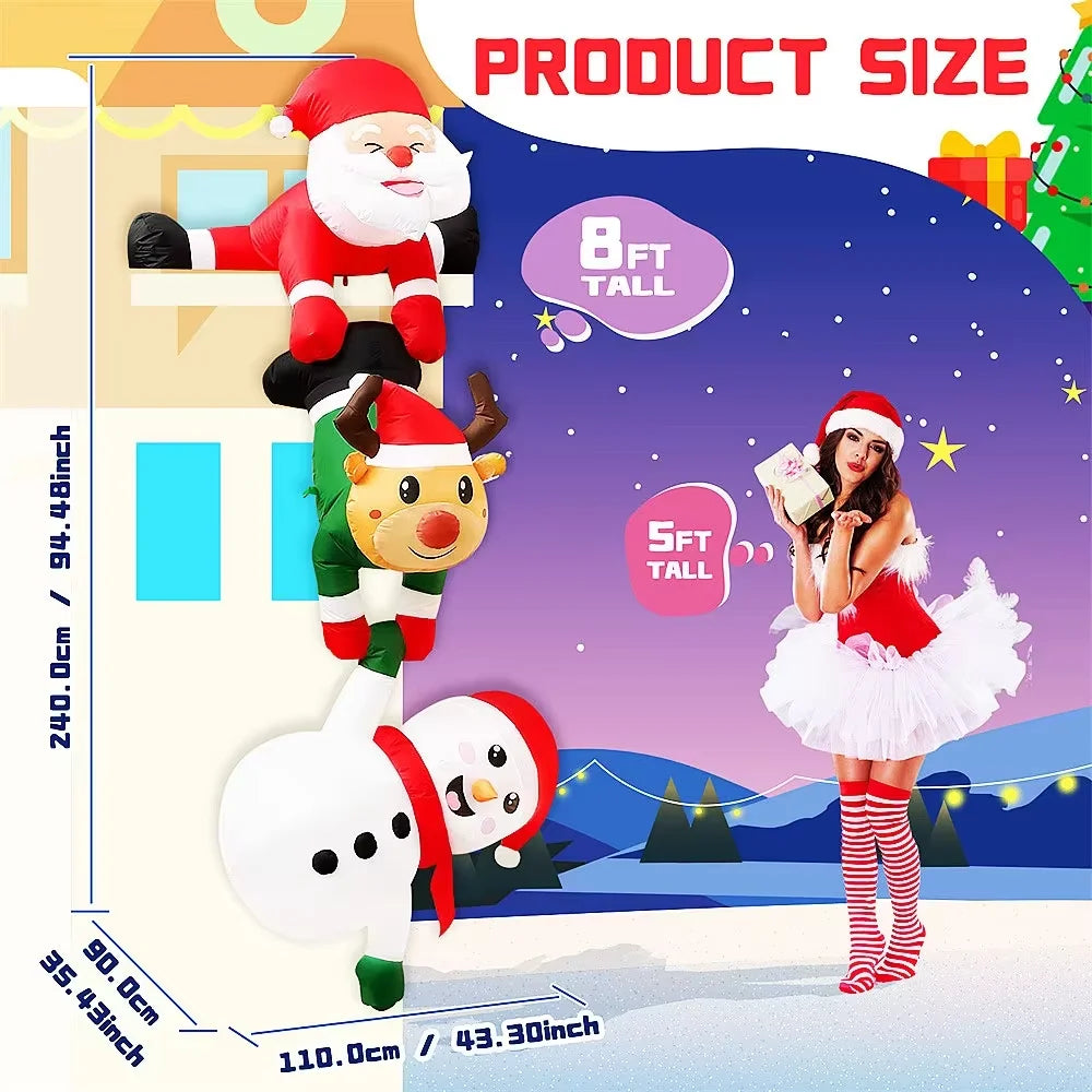 8FT Hanging Christmas Inflatable Stacked Santa Reindeer Snowman, Blow Up Xmas Hanging Ornament, Indoor Outdoor Christmas Holiday
