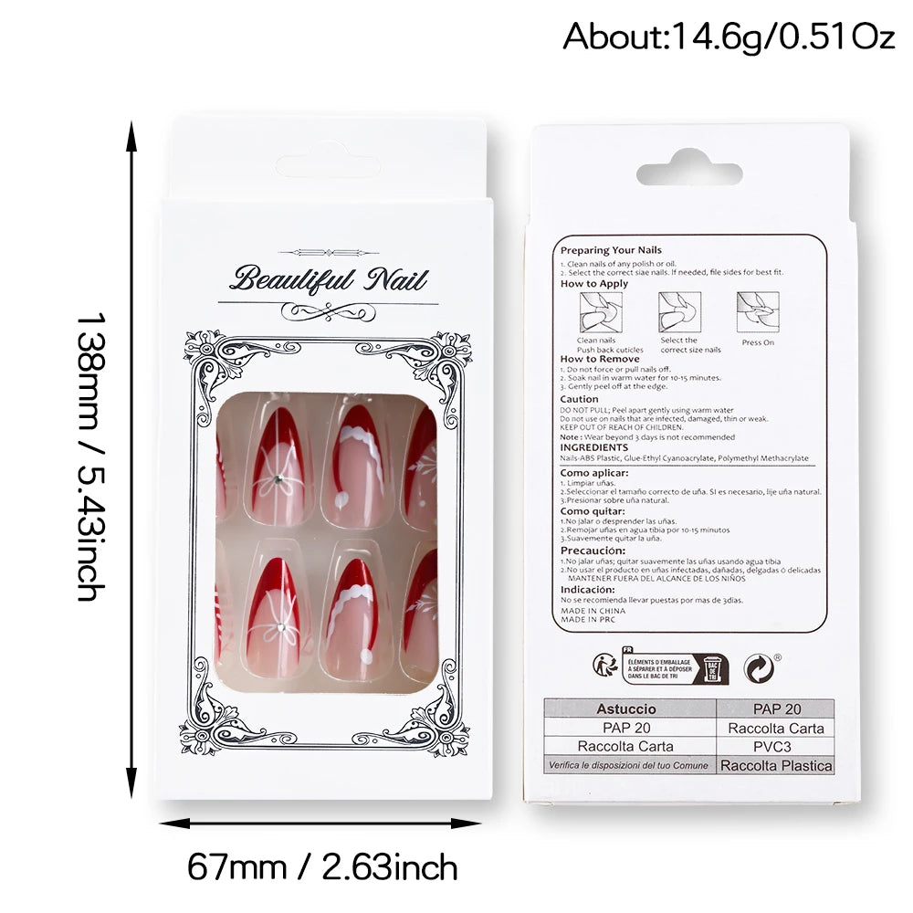 24Pcs Christmas Red French Almond Fake Nails Snowflake Xmas Hat Design Full Cover False Nail Acrylic Wearable Press On Nails