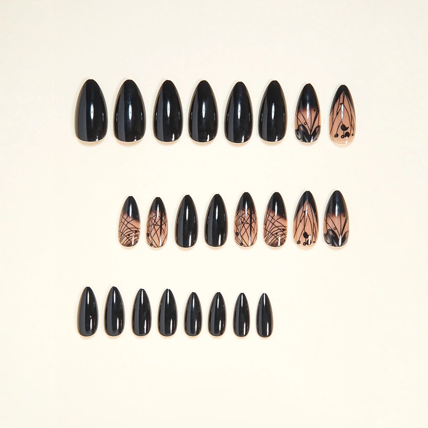 Medium fake nails for women girls gradient nude black flowers strips design Almond square shape full cover press on false nail