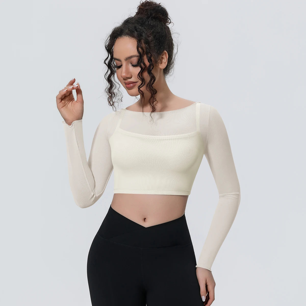 Woman Sports Yoga Long Sleeves Workout Top Solid Color False Two-piece Mesh Running Shirts with Chest Pad Summer Long Sleeves