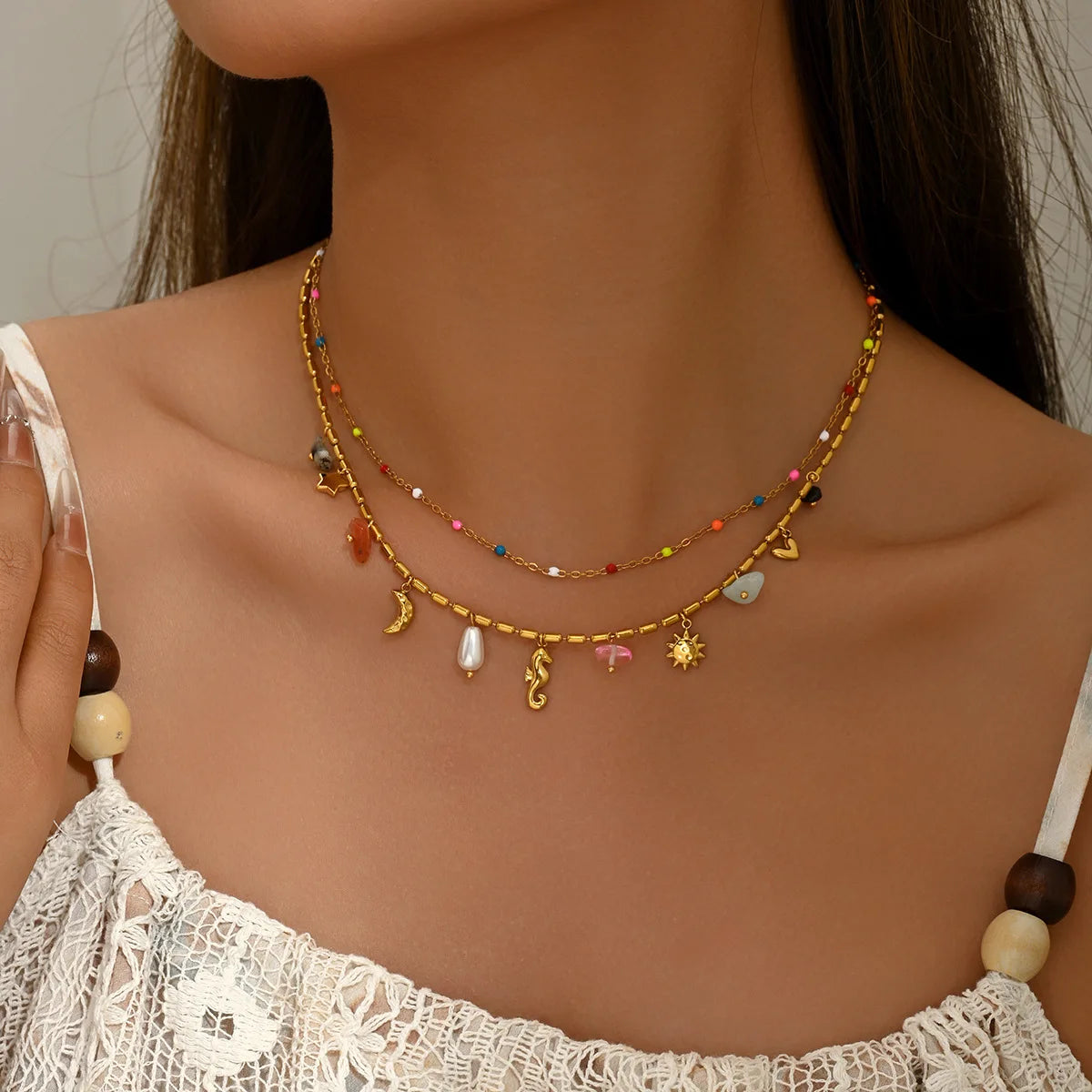 ZAKOL Fashion Double Oil Drip Necklace Ocean Style Stainless Steel Women's Natural Stone Seahorse Pendant Necklace Jewelry