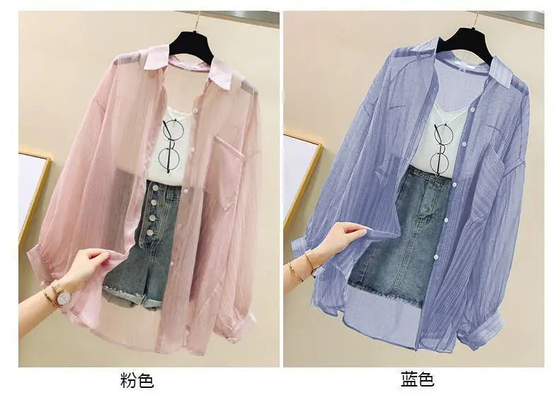 Summer Sunscreen Shirt Elegant Perspective Thin Chiffon Blouse Korean Harajuku See Through Loose Top Casual Women's Cardigan