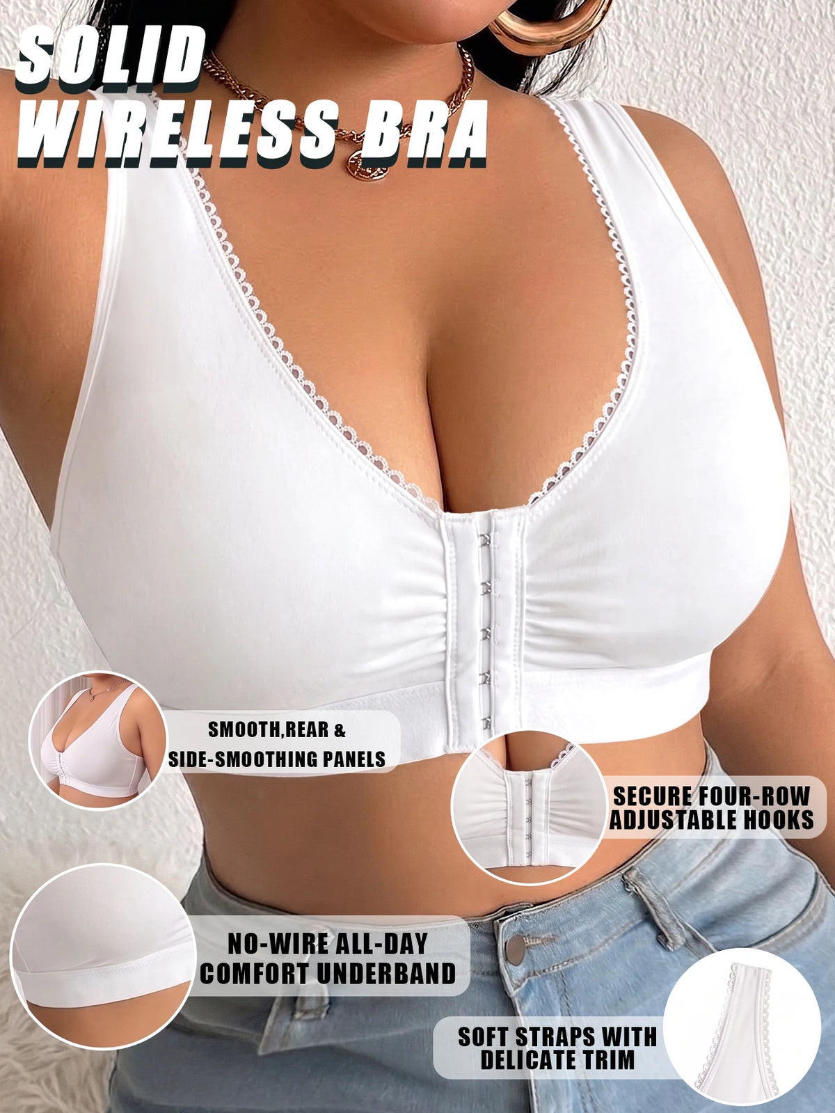Full Cup Plus Size Women Bra Front Closure Wireless Unlined Thin Cup Gathering Brassiere Comfort Side Support Everyday Bra