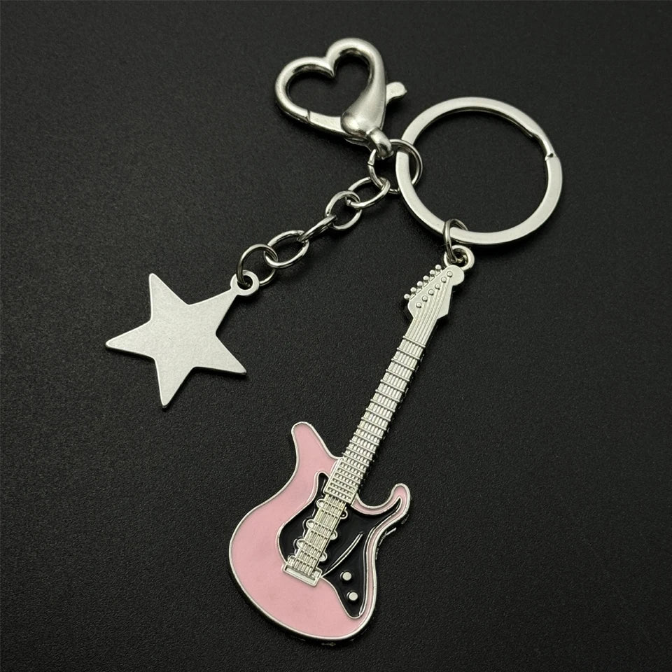 ZAKOL Y2k Guitar Love Heart Key Chain for Men Women Cool Pentagram Pendant Fashion Rock Punk Accessories Gift