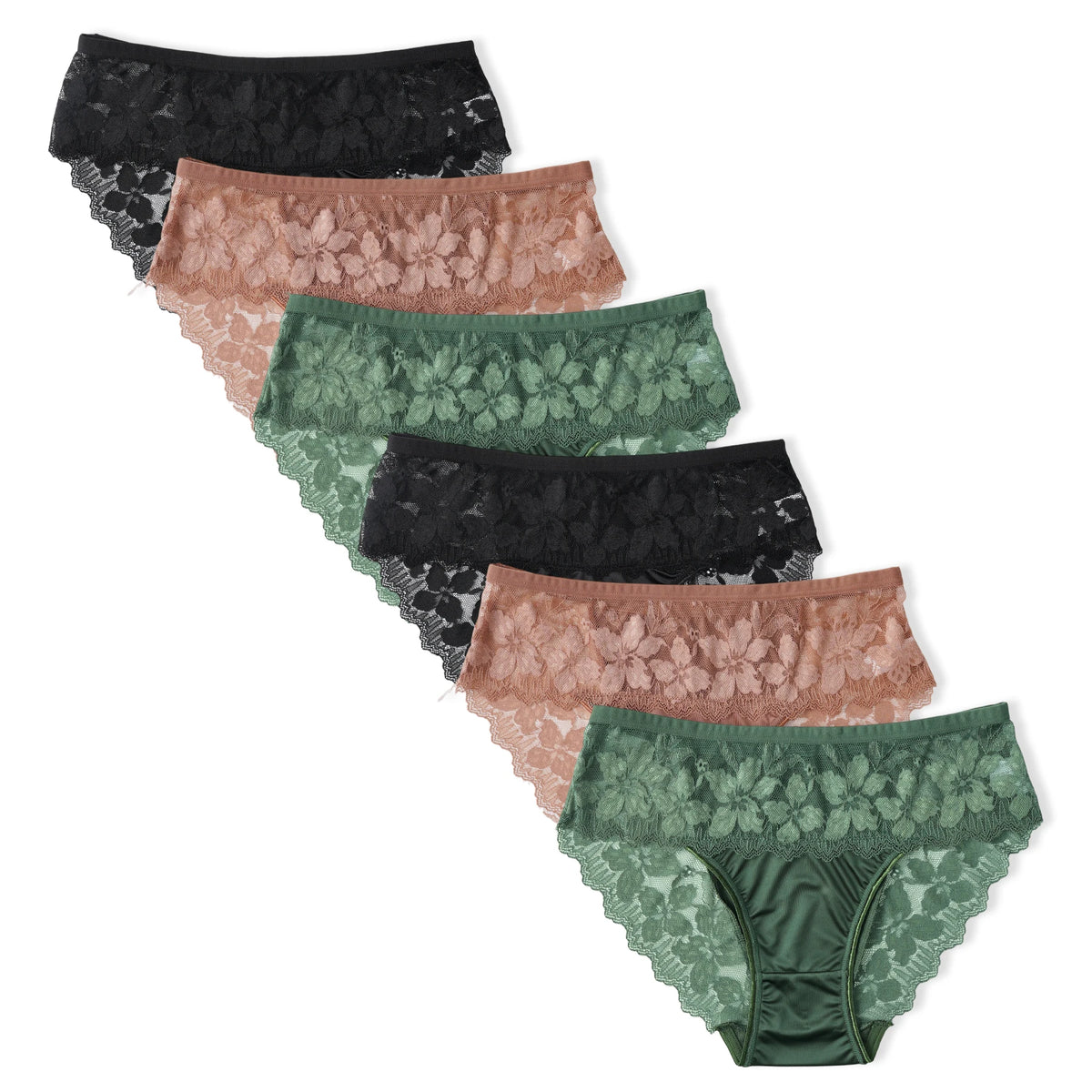 6 Pack Elegant Women's Lace Panties Solid Color Satin Mid-Rise Briefs Sexy Lace Floral Trim Breathable Ladies Underwear S-XXL ﻿