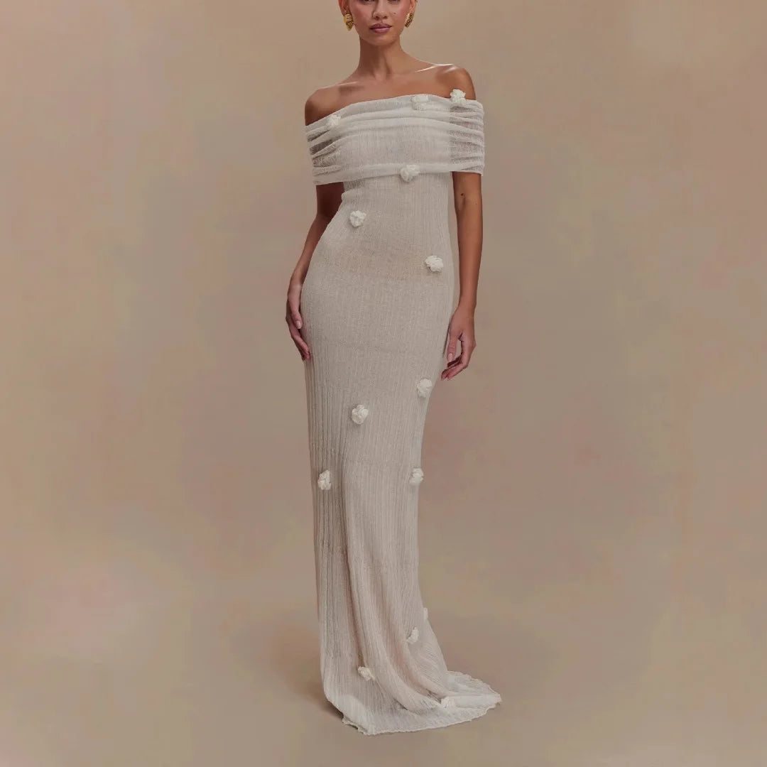 Elegant 3d Flower Off Shoulder Maxi Dress Sleeveless Perspective Pleated Slim Solid Color Robes 2026 Fashion Evening Party Gowns