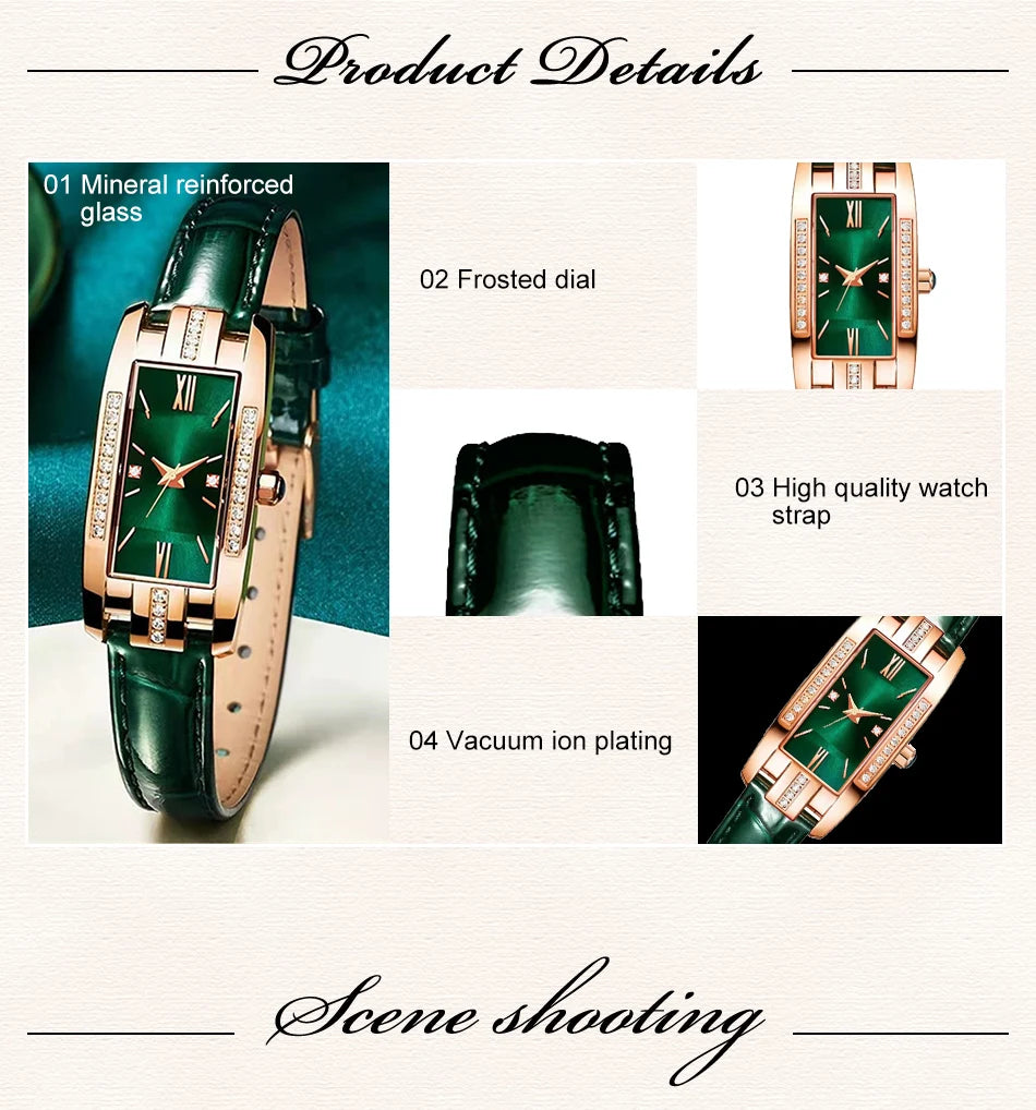 Womens Watches Fashion Square Ladies Quartz Watch Bracelet Set Green Dial Simple Leather Luxury Women Watches