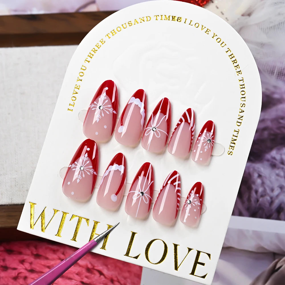 24Pcs Christmas Red French Almond Fake Nails Snowflake Xmas Hat Design Full Cover False Nail Acrylic Wearable Press On Nails