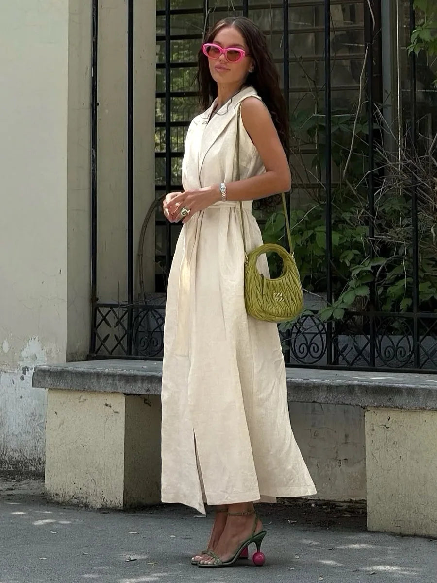 BKLD 2026 Spring Summer New Arrival Sleeveless Shirts Dress Casual Turn-Down Collar Tied Waist Dress Solid Color Women Clothing