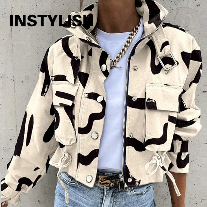 Women Cropped Cargo Jacket Stand Collar Zip Button Long Sleeve Coat Multi Pocket Drawstring Streetwear Casual Short Outerwear