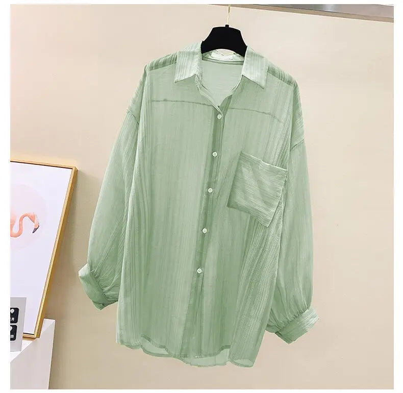 Summer Sunscreen Shirt Elegant Perspective Thin Chiffon Blouse Korean Harajuku See Through Loose Top Casual Women's Cardigan