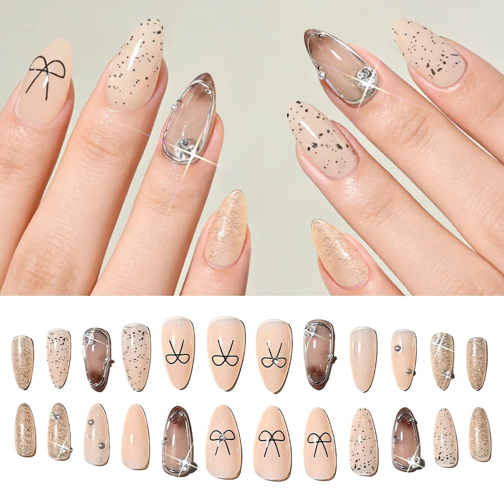 24Pcs Almond Bow Design Press on Nails French Silver Border Stripe False Nails with Pearl Shiny Rhinestone Full Cover Fake Nails