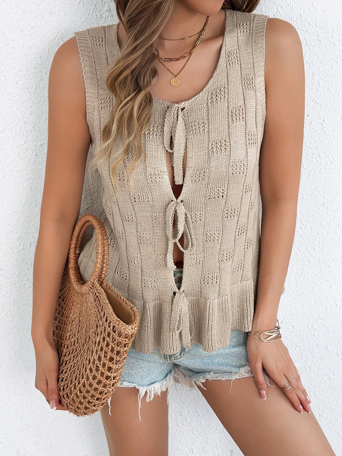 Women's Elegant Round Neck Solid Color Sleeveless Lace Up Ruffle Knitted Cardigan for Spring Summer Casual White Khaki Vest Tops