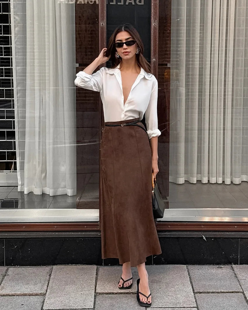 BKLD Autumn And Winter Retro New Fashionable Suede Fabric Brown Slimming High Waist Straight Skirt Casual Long Skirts For Women