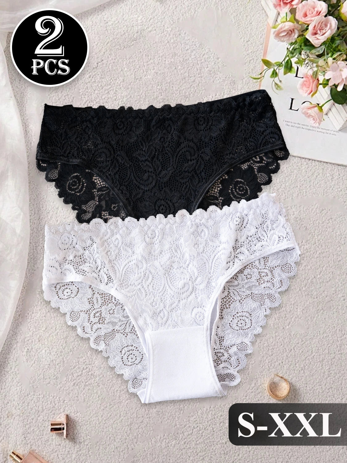 2PCS Classic Elegant Black White Panties Set Women Soft Comfortable Solid Color Cotton Underwear Lace Floral Design Sexy Briefs
