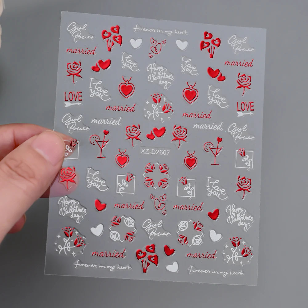 1Pc 3D Red Love Heart Nail Art Stickers Rose Flower Lip Self Adhesive Decals Valentine' Day Nail Sliders For Manicure Decoration
