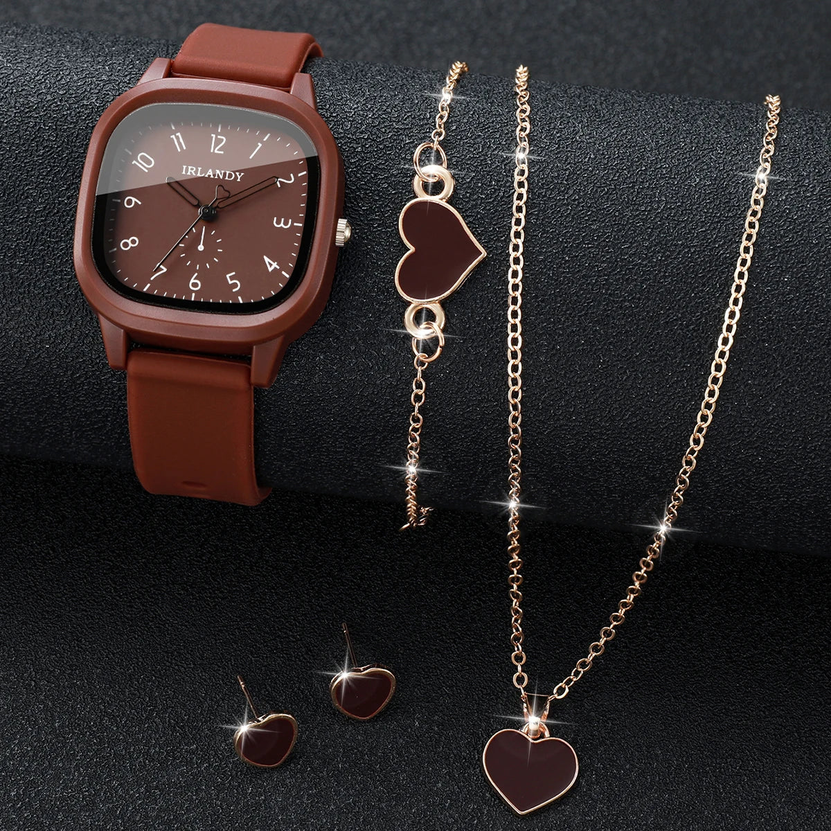 5PCS Fashion Arabic Dial Women Quartz Watch Heart Jewelry Set Square Silicone Strap Wristwatches Relogio Feminino (Without Box)