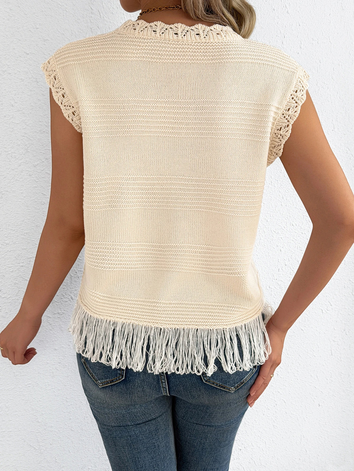 2026 Casual Round Neck Sleeveless Tassel Knit Sweater Vest for Spring Summer and Autumn Style Women Clothes Red Apricot Khaki