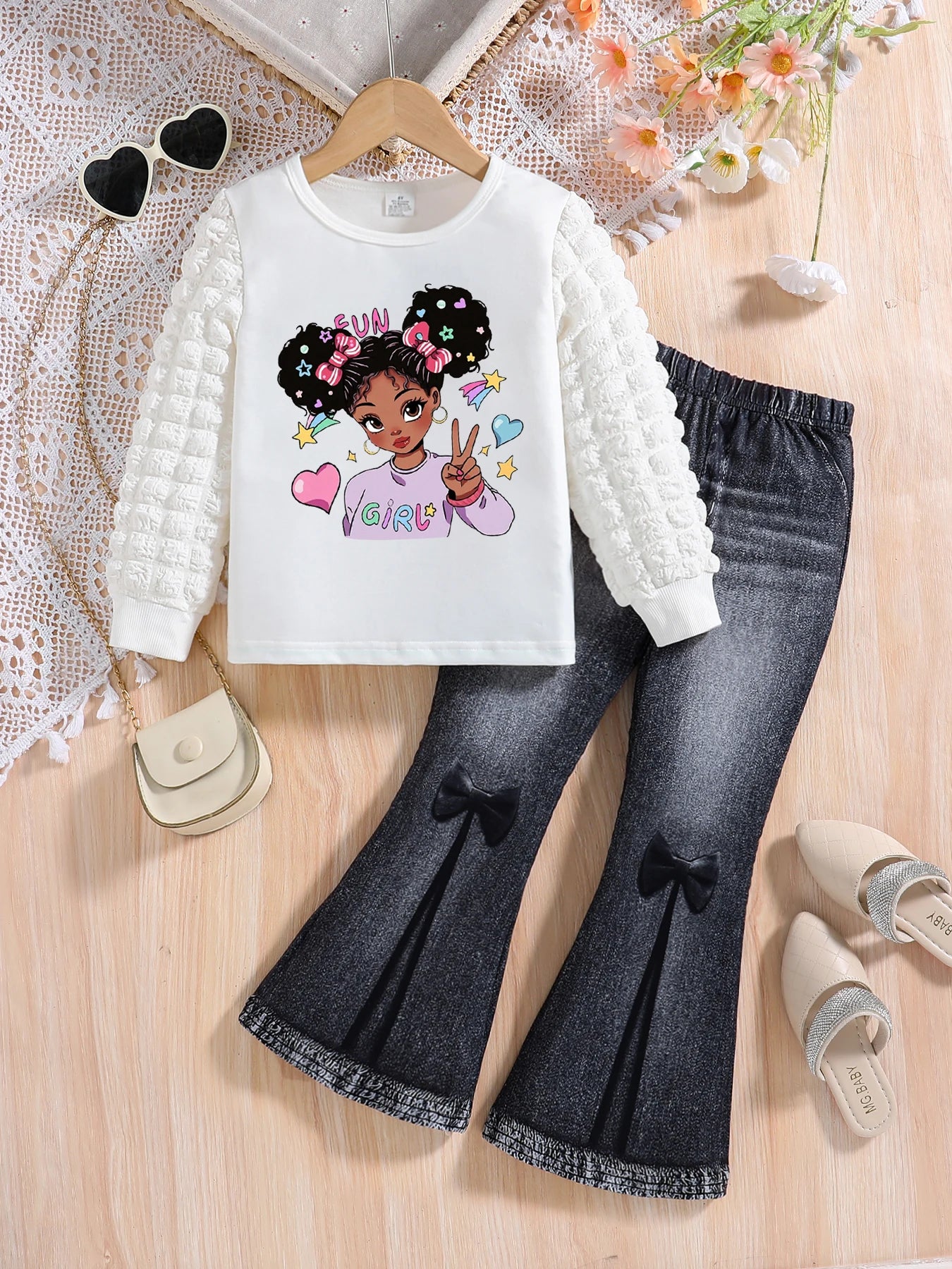 Girls’ Spring & Autumn Fashion Set – Cartoon Top & Slim Pants