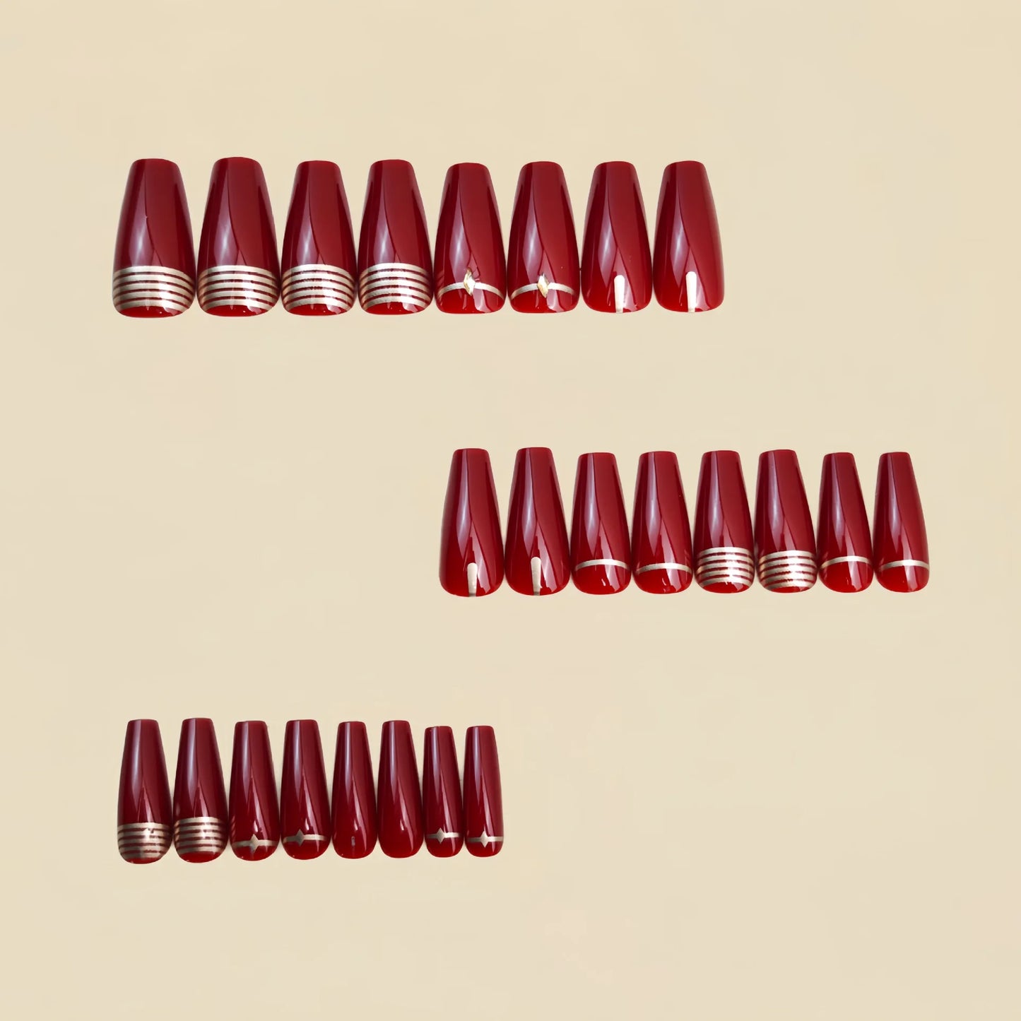 Medium long fake nails for women gilrs wine red colors with strips print almond ballet shape full cover press on false nail art