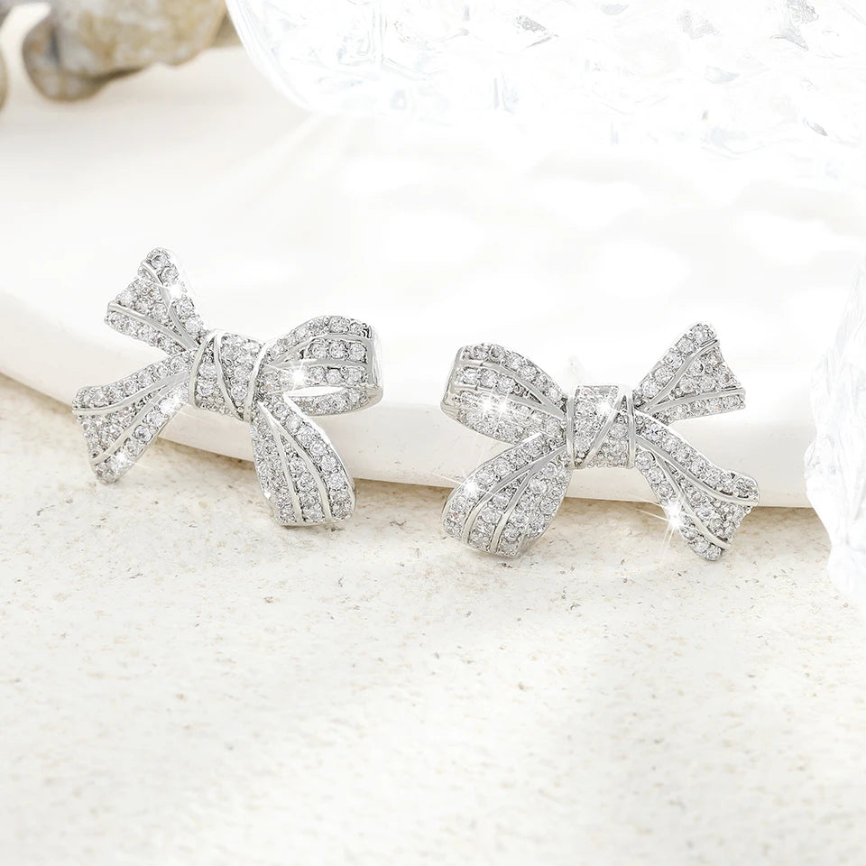 ZAKOL New Brilliant Micropaved Zirconia Bowknot Earrings Delicate Sliver Color Ear Accessories Gift for Women