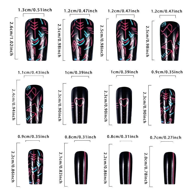 24PCS Black Medium Coffin False Nails Pink Heart Sweet Cool Stripes Press on Nails Full Cover Wearable Square Fake Nails Patches