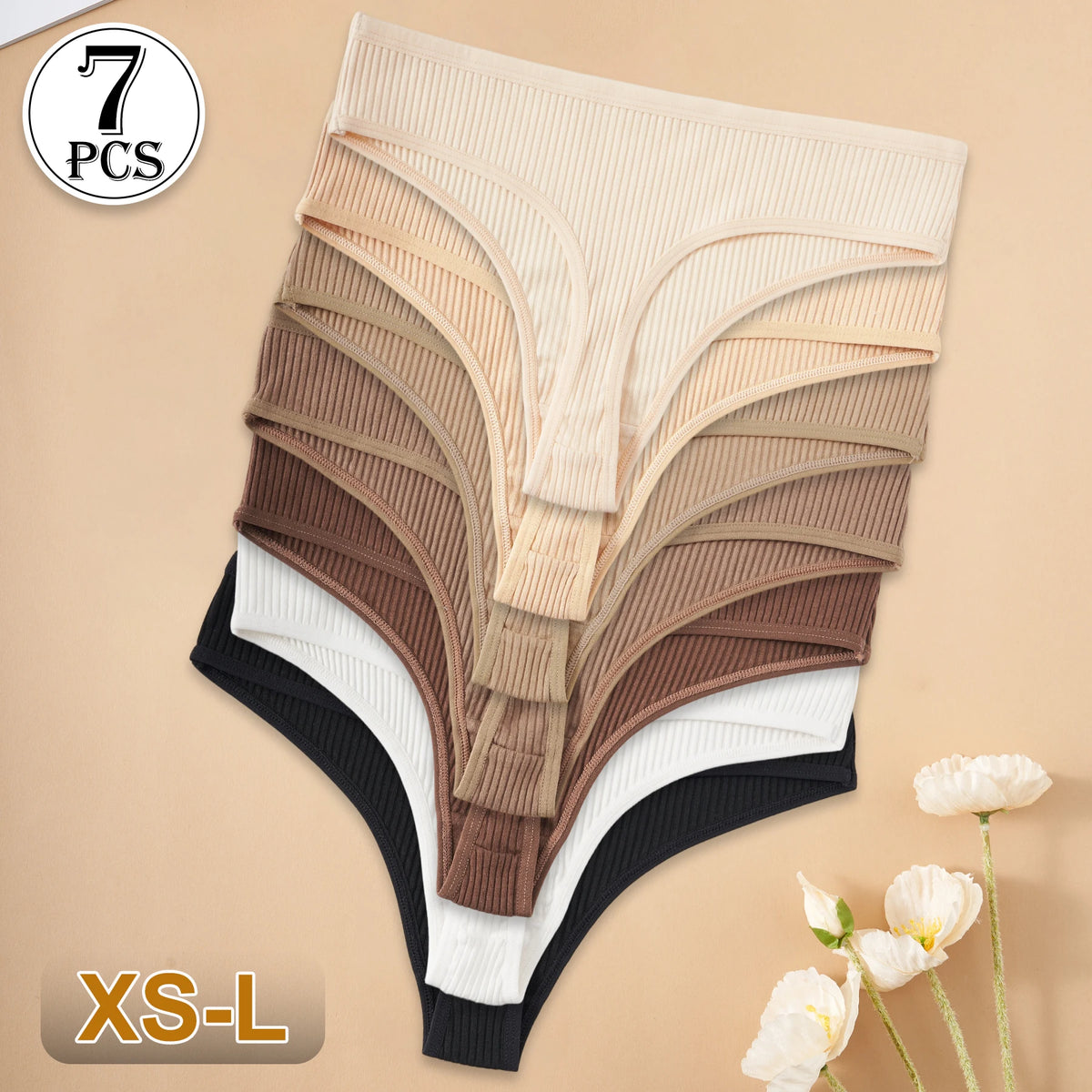 7PCS Women Cotton G-Strings Comfortable Breathable Sexy Low-Rise Panties Girls Solid Color Ribbed Thongs Casual Bikini Lingerie