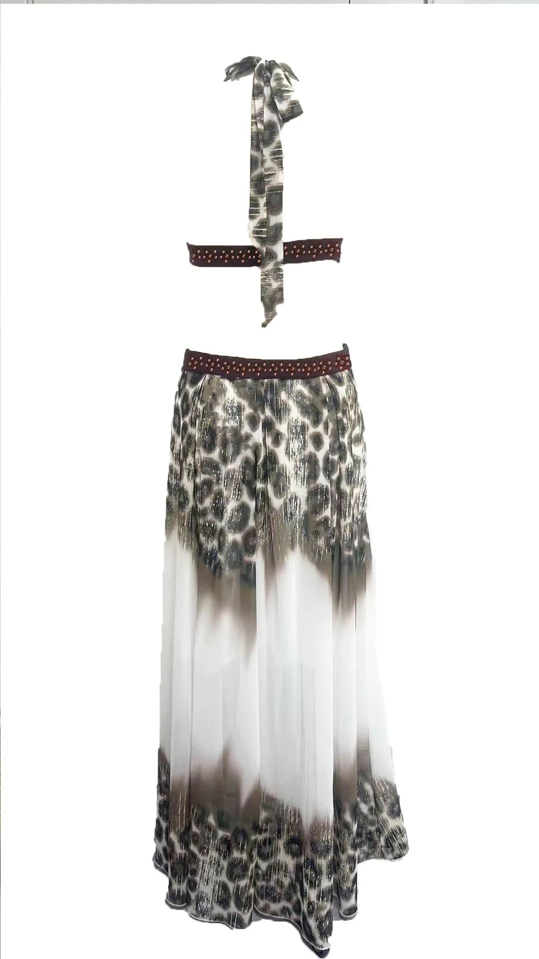Summer Vacation Sexy Leopard Print Halter Maxi Dress Elegant Deep V Hollow Out Low-Waist Irregular Beach Dress Lady Party Outfit