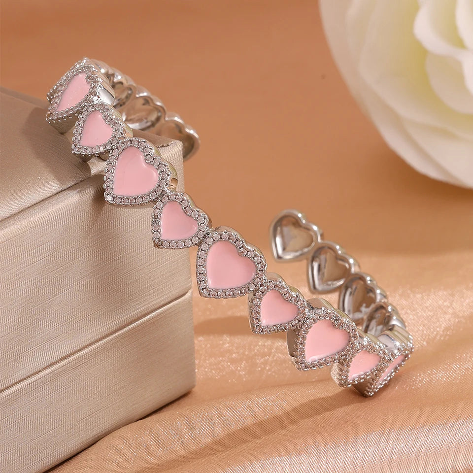 ZAKOL Sweet Fashion Pink Heart Cz Stacking Bracelets for Women Girls Shiny Cubic Zirconia Cuff Bracelet Bangles Jewelry Gift