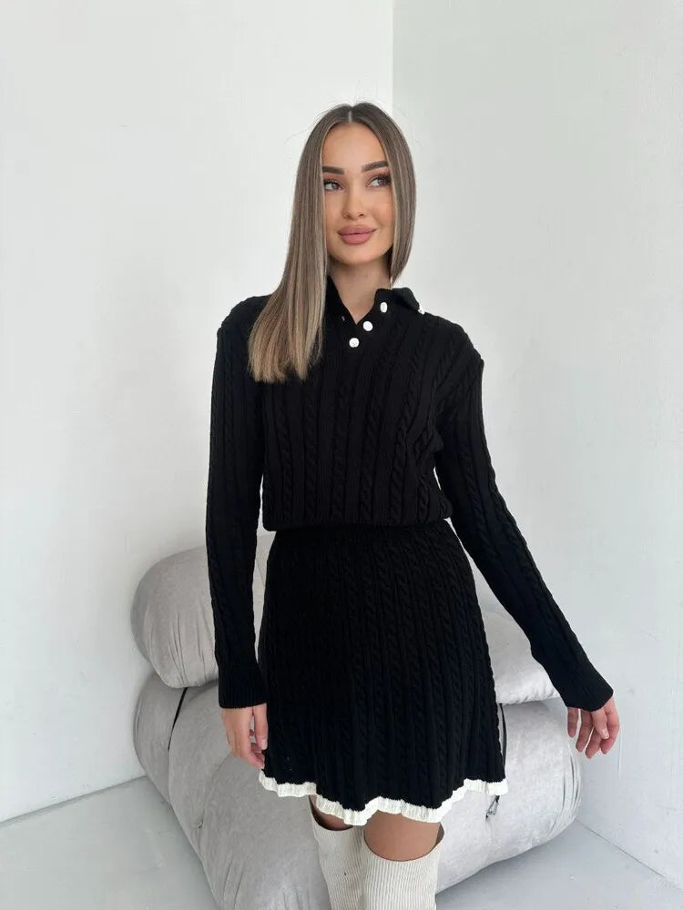BKLD 2026 New Casual Skirt Sets Long Sleeve Tops Knitted Button Sweater And Mini Skirts Two Piece Sets Clothes For Women