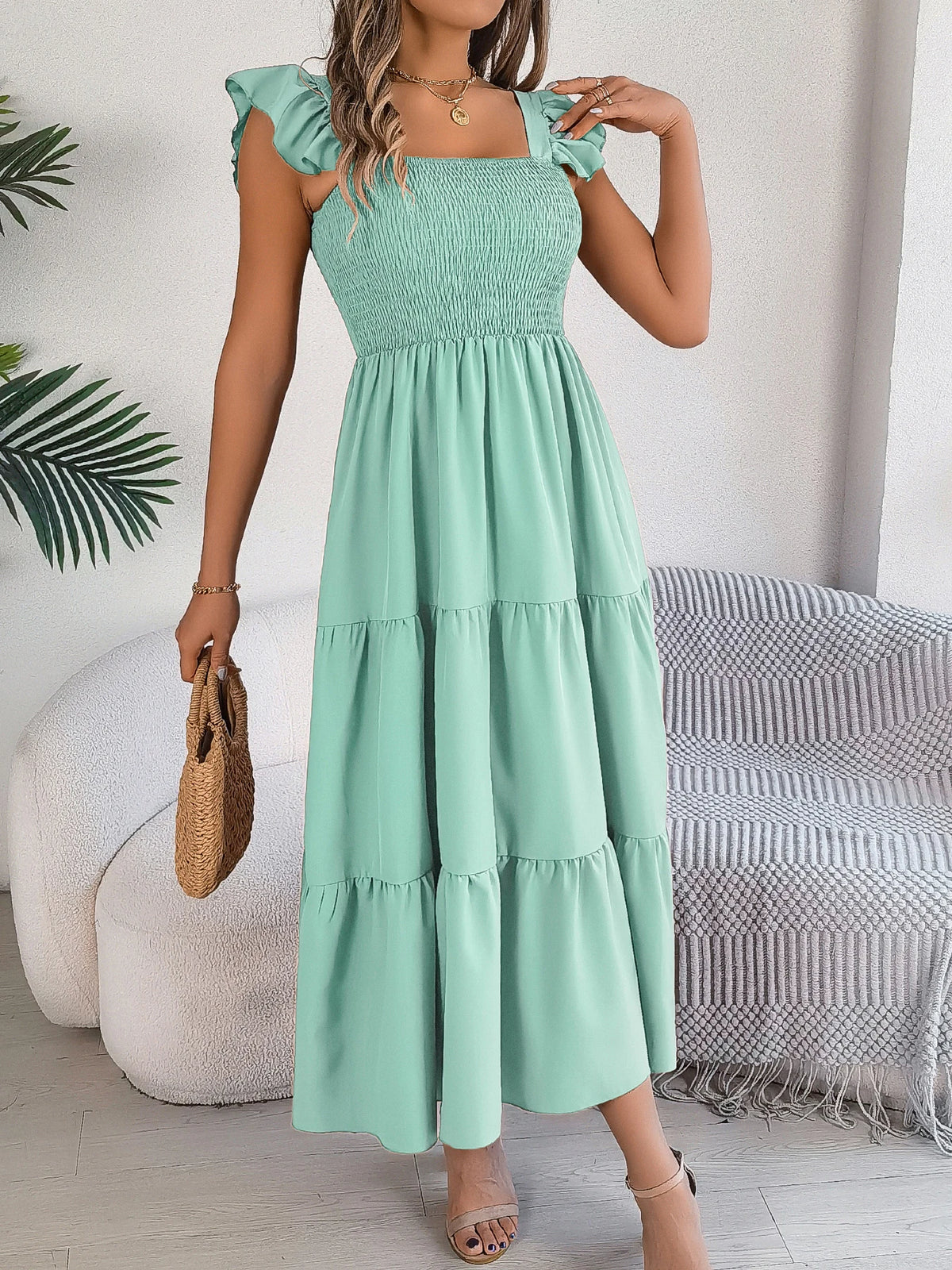 Spring Summer Solid Color Edible Tree Fungus Edge Square Neck Sleeveless Holiday Dress Elegant Long Dresses for Women Rose Blue