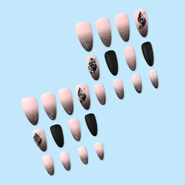 24Pcs Matte Almond Autumn Winter False Nails with Glue Glitter Butterfly Fake Nail Press Ons Black Gradient Artificial Nail Tips