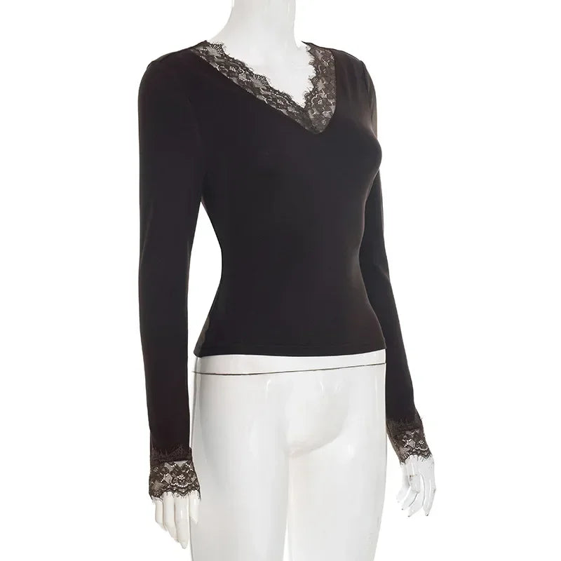 Women Lace Patchwork V Neck Long Sleeve T Shirt Ribbed Slim Fit Basic Undershirt Elegant Lace Trim Cuff Stretch Base Layer Tops