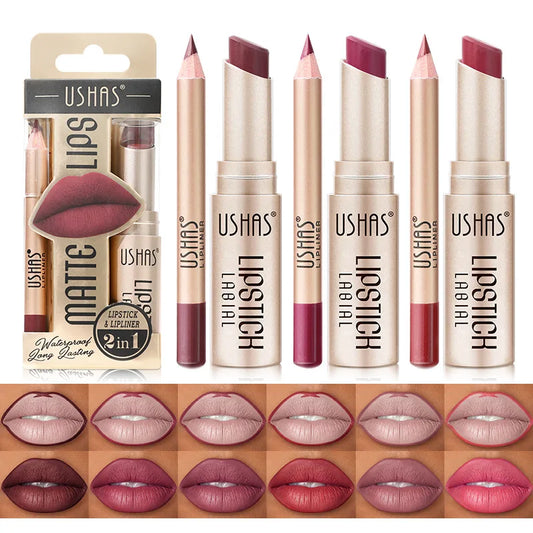 💄 USHAS 12-Color Matte Lipstick & Lip Liner Set – Long-Lasting Nude & Red Combo | طقم USHAS أحمر شفاه + قلم تحديد (12 لون) – مطفي وثابت – نود & أحمر