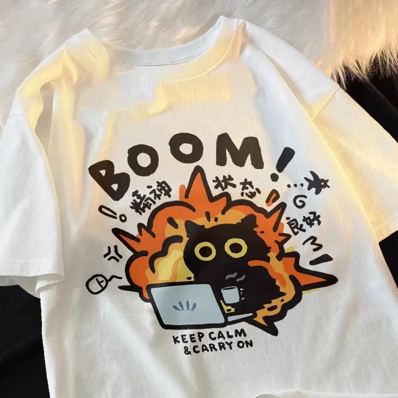 ✨ Kawaii Good Mental State Oversized T-Shirt 👚 – Loose Casual Cartoon Tee for Men & Women Y2K Style | تيشيرت كاجوال كاوايي بطبعة أنيمي – قميص فضفاض للجنسين بأسلوب Y2K