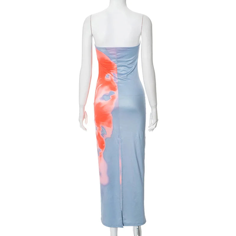 🔥 Strapless Printed Tube Maxi Dress for Women 👙 – Backless Off-Shoulder Y2K Summer Beach Dress | فستان ماكسي نسائي بدون أكتاف – تصميم صيفي مطبوع مكشوف الظهر بأسلوب Y2K