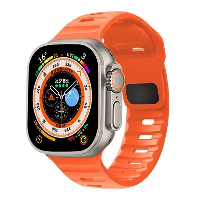 🏃‍♂️ Silicone Sport Strap for Apple Watch – Compatible with Series 9/8/7/6/5/4/3/SE/Ultra (38mm-49mm) | سوار رياضي سيليكون لساعة أبل – متوافق مع جميع المقاسات والسلاسل