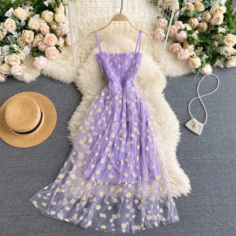🌺 2025 Korean Floral Mesh Dress for Women 👗 – Spaghetti Strap Vacation & Party Beach Dress | فستان نسائي شبكي بطبعة زهور – ستايل كوري صيفي 2025 بحمّالات رفيعة للمناسبات والشاطئ