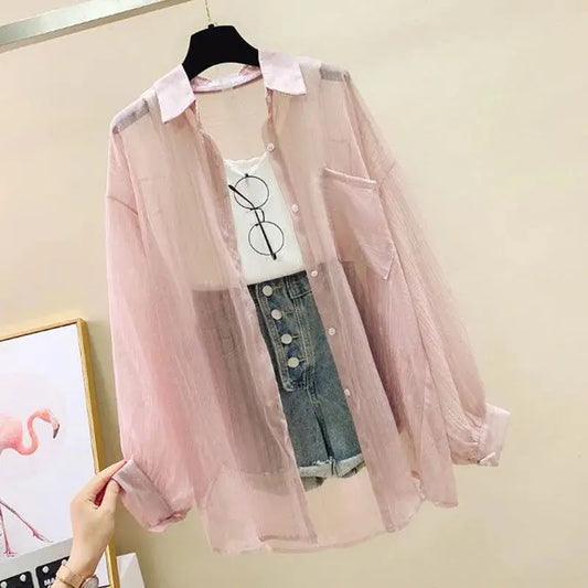 ☀️ Summer Sheer Chiffon Sunscreen Blouse 👒 – Elegant Loose See-Through Korean Cardigan for Women | بلوزة صيفية شيفون خفيفة وشفافة – كارديغان واسع أنيق لحماية الشمس بإطلالة كورية